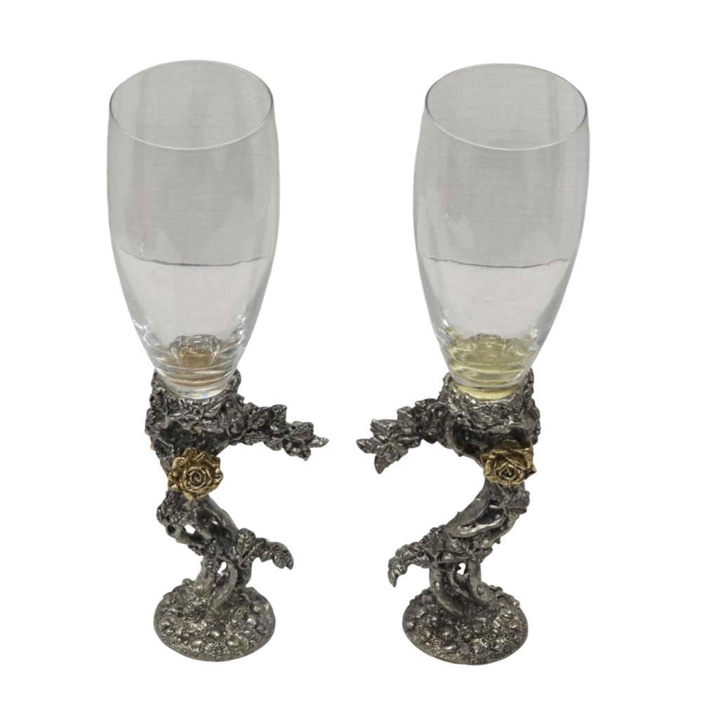 NIB Fellowship Foundry Pewter &  Glass Champagne Flutes SET OF 2 - Picture 7 of 10